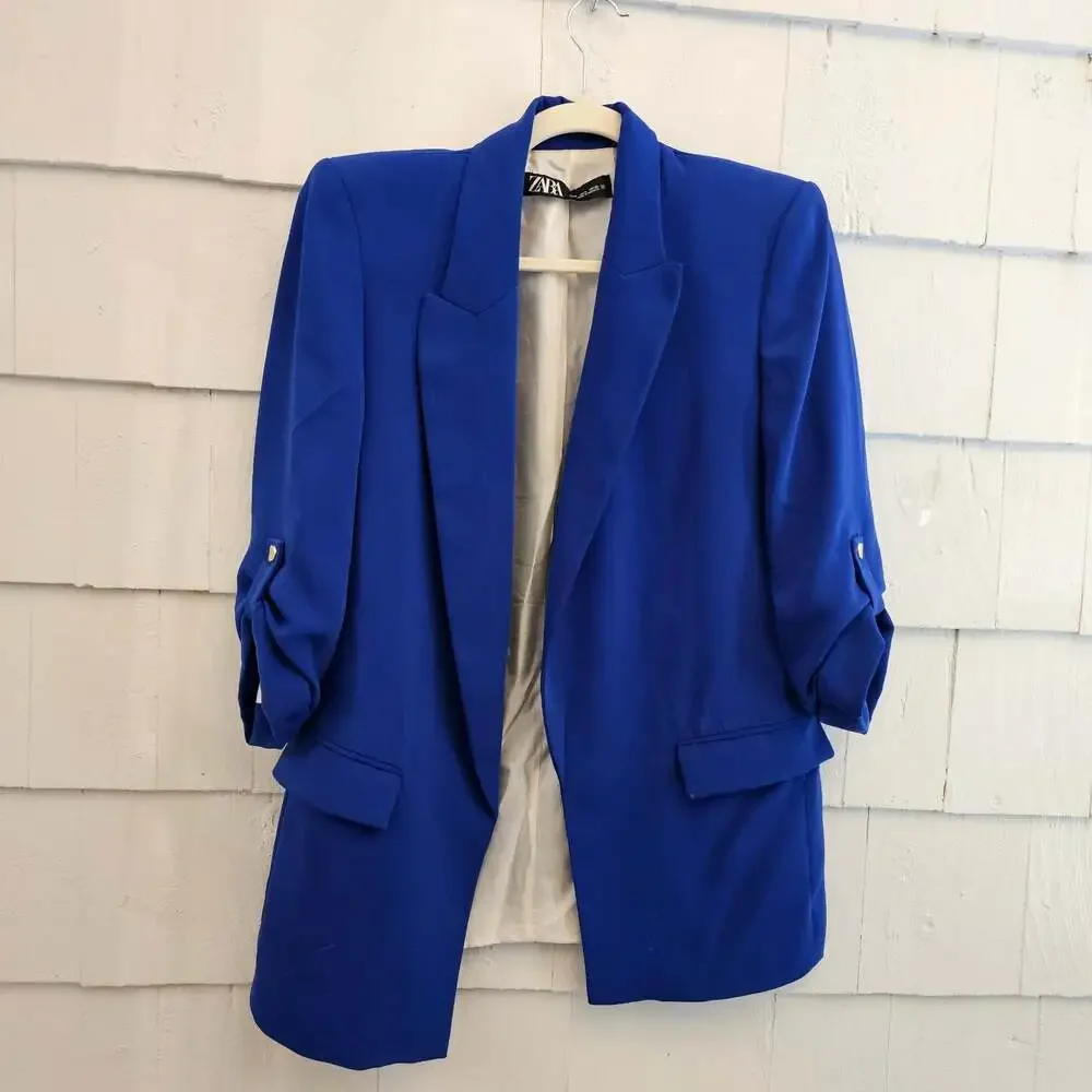 Zara Royal Blue Open Front Blazer Ruched Sleeve Career Jacket Women's S